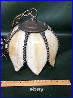 Vintage Hanging Tulip Lamp Pendant Light Stained Caramel Slag Glass