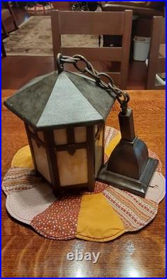 Vintage Hex Arts Crafts Mission Sconce or Ceiling Slag Glass Light Fixture