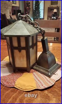 Vintage Hex Arts Crafts Mission Sconce or Ceiling Slag Glass Light Fixture