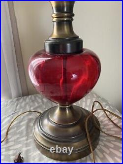 Vintage Hollywood Regency Cranberry Ruby Red slag Glass Brass Table Lamp 27
