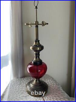 Vintage Hollywood Regency Cranberry Ruby Red slag Glass Brass Table Lamp 27
