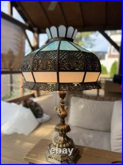 Vintage Hollywood Regency Ornate Blue Slag Glass Lamp