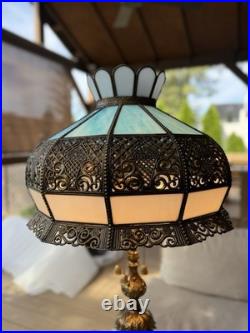 Vintage Hollywood Regency Ornate Blue Slag Glass Lamp