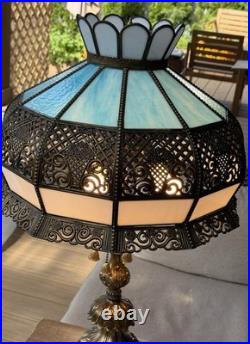 Vintage Hollywood Regency Ornate Blue Slag Glass Lamp