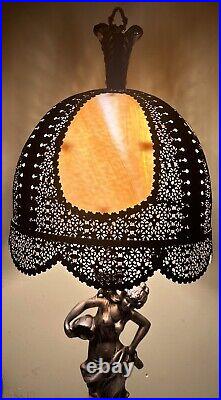 Vintage Hollywood Regency Woman Lady Goddess Slag Glass & Brass Table Lamp 37