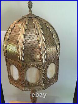 Vintage Large Ornate Metal Brass Dome Slag Glass Table Lamp