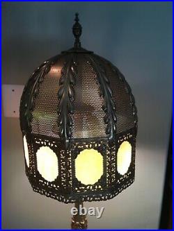 Vintage Large Ornate Metal Brass Dome Slag Glass Table Lamp