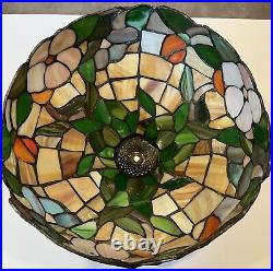 Vintage Large Stained Glass Slag Lamp Shade Flowers Floral Green