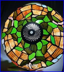 Vintage Large Stained Glass Slag Lamp Shade Flowers Floral Green