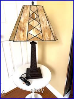 Vintage Leaded Carmel -Brown Slag Stained Glass Shade Heavy Duty Table Lamp NICE