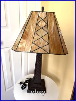 Vintage Leaded Carmel -Brown Slag Stained Glass Shade Heavy Duty Table Lamp NICE