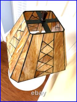 Vintage Leaded Carmel -Brown Slag Stained Glass Shade Heavy Duty Table Lamp NICE