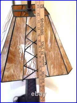 Vintage Leaded Carmel -Brown Slag Stained Glass Shade Heavy Duty Table Lamp NICE Vintage Leaded Carmel -Brown Slag Stained Glass Shade Heavy Duty Table Lamp NICE
