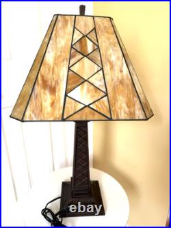 Vintage Leaded Carmel -Brown Slag Stained Glass Shade Heavy Duty Table Lamp NICE Vintage Leaded Carmel -Brown Slag Stained Glass Shade Heavy Duty Table Lamp NICE