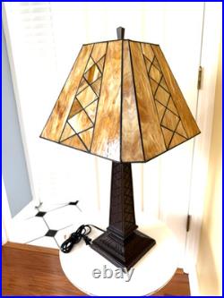 Vintage Leaded Carmel -Brown Slag Stained Glass Shade Heavy Duty Table Lamp NICE
