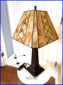 Vintage Leaded Carmel -Brown Slag Stained Glass Shade Heavy Duty Table Lamp NICE
