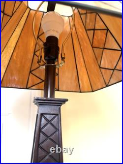 Vintage Leaded Carmel -Brown Slag Stained Glass Shade Heavy Duty Table Lamp NICE