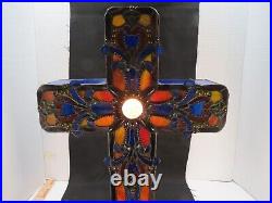 Vintage Leaded Stained Slag Glass Cross Crucifix Table Lamp Christian FREE SHIP