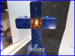 Vintage Leaded Stained Slag Glass Cross Crucifix Table Lamp Christian FREE SHIP