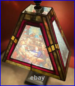 Vintage Leaded Stained Slag Glass Table Lamp Christian Gift
