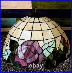 Vintage Leaded Stained Slag Glass Tiffany Style Hanging Swag Lamp Rose Flowers