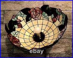 Vintage Leaded Stained Slag Glass Tiffany Style Hanging Swag Lamp Rose Flowers