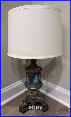 Vintage Lighthouse Style Base Metal Table Lamp with Ornate Slag Glass 1920's