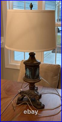 Vintage Lighthouse Style Base Metal Table Lamp with Ornate Slag Glass 1920's Vintage Lighthouse Style Base Metal Table Lamp with Ornate Slag Glass 1920's