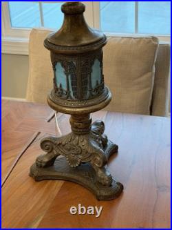 Vintage Lighthouse Style Base Metal Table Lamp with Ornate Slag Glass 1920's