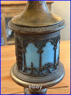 Vintage Lighthouse Style Base Metal Table Lamp with Ornate Slag Glass 1920's