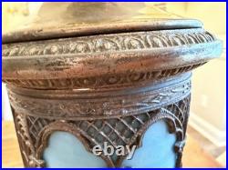 Vintage Lighthouse Style Base Metal Table Lamp with Ornate Slag Glass 1920's