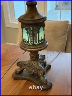 Vintage Lighthouse Style Base Metal Table Lamp with Ornate Slag Glass 1920's Vintage Lighthouse Style Base Metal Table Lamp with Ornate Slag Glass 1920's