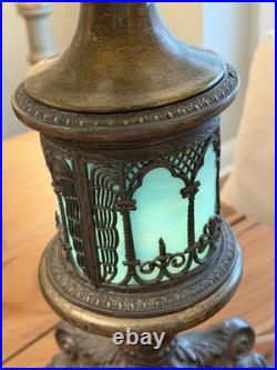 Vintage Lighthouse Style Base Metal Table Lamp with Ornate Slag Glass 1920's