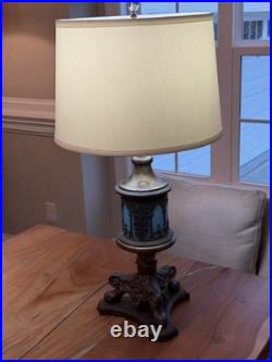 Vintage Lighthouse Style Base Metal Table Lamp with Ornate Slag Glass 1920's Vintage Lighthouse Style Base Metal Table Lamp with Ornate Slag Glass 1920's