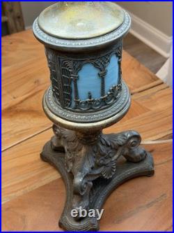 Vintage Lighthouse Style Base Metal Table Lamp with Ornate Slag Glass 1920's
