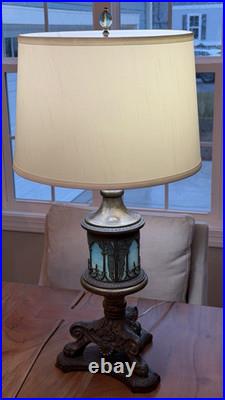 Vintage Lighthouse Style Base Metal Table Lamp with Ornate Slag Glass 1920's