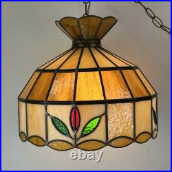 Vintage MCM Stained Slag Glass Tiffany Style Swag Light Or Hanging Leaf Lamp 16
