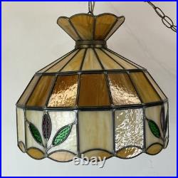 Vintage MCM Stained Slag Glass Tiffany Style Swag Light Or Hanging Leaf Lamp 16