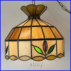 Vintage MCM Stained Slag Glass Tiffany Style Swag Light Or Hanging Leaf Lamp 16