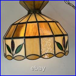 Vintage MCM Stained Slag Glass Tiffany Style Swag Light Or Hanging Leaf Lamp 16