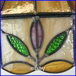 Vintage MCM Stained Slag Glass Tiffany Style Swag Light Or Hanging Leaf Lamp 16