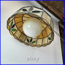 Vintage MCM Stained Slag Glass Tiffany Style Swag Light Or Hanging Leaf Lamp 16