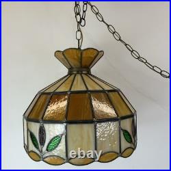 Vintage MCM Stained Slag Glass Tiffany Style Swag Light Or Hanging Leaf Lamp 16