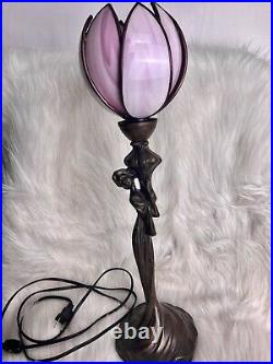 Vintage Made In England Bronzed Resin Figural Lady Lamp with Pink Tulip Slag Glass