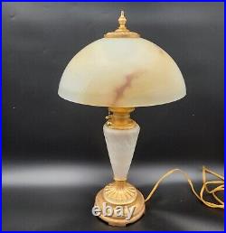 Vintage Marble & Gilt Lamp With Slag Alabaster Glass Dome Shade 24H