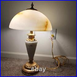 Vintage Marble & Gilt Lamp With Slag Alabaster Glass Dome Shade 24H