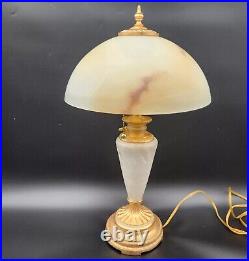 Vintage Marble & Gilt Lamp With Slag Alabaster Glass Dome Shade 24H