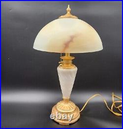 Vintage Marble & Gilt Lamp With Slag Alabaster Glass Dome Shade 24H