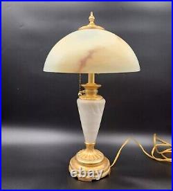 Vintage Marble & Gilt Lamp With Slag Alabaster Glass Dome Shade 24H