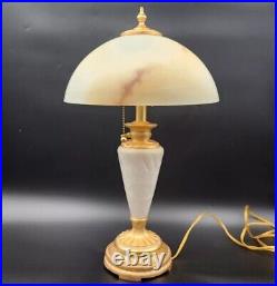 Vintage Marble & Gilt Lamp With Slag Alabaster Glass Dome Shade 24H